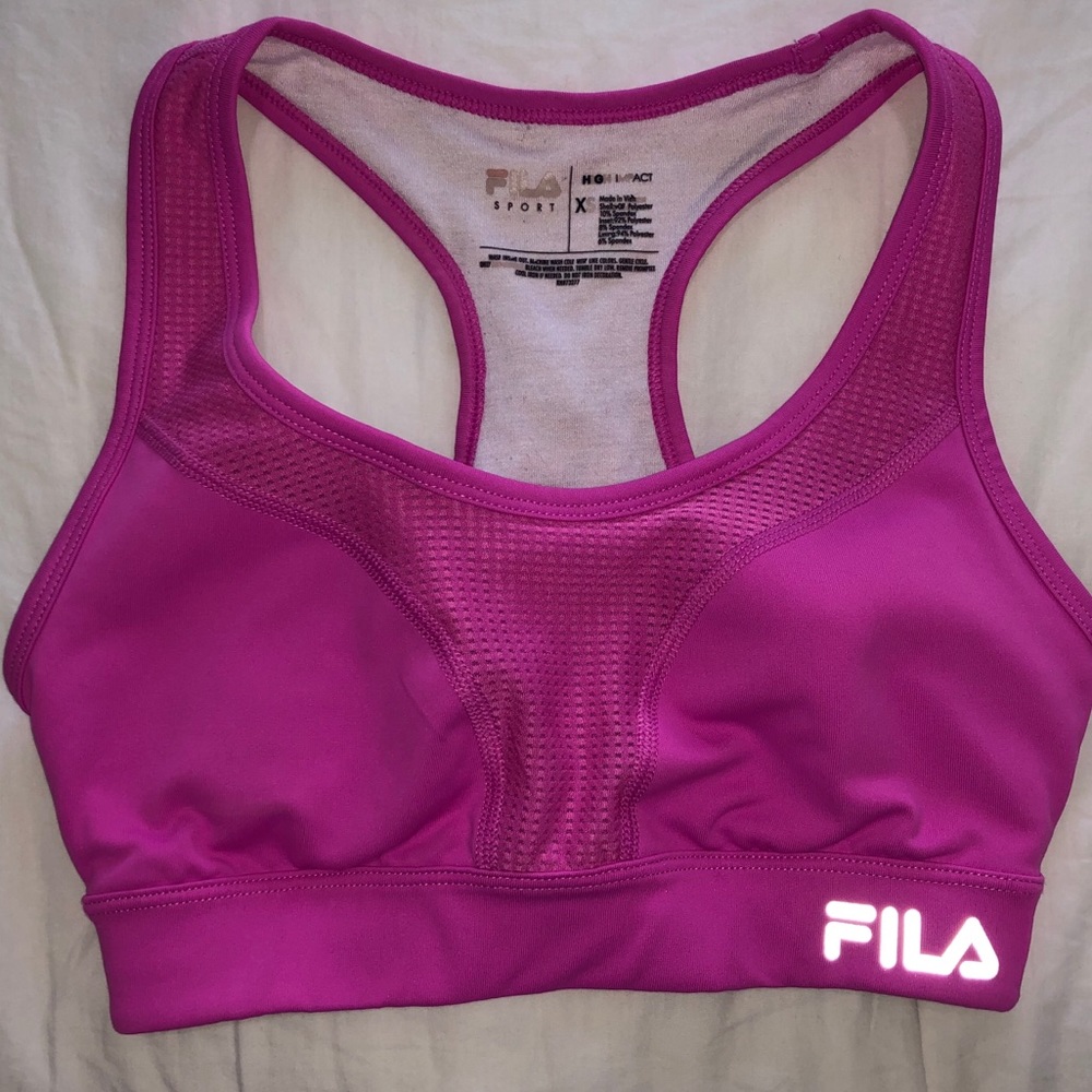 Bright pink FILA sports bra